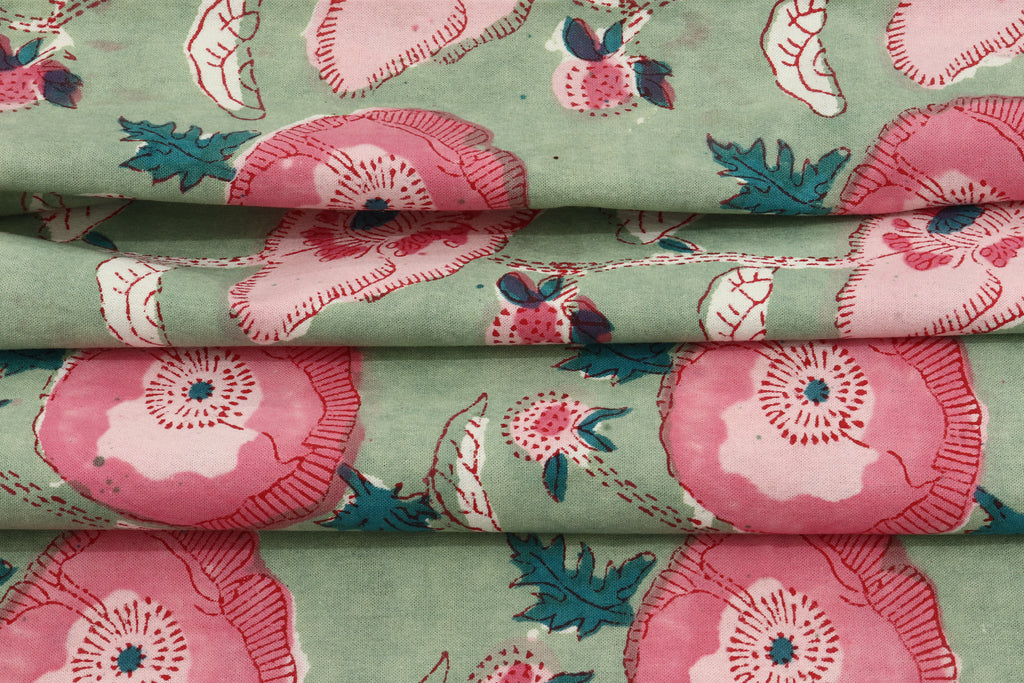 Mughal Floral Print Cotton Fabric: Hand-Stamped Indian Fabric