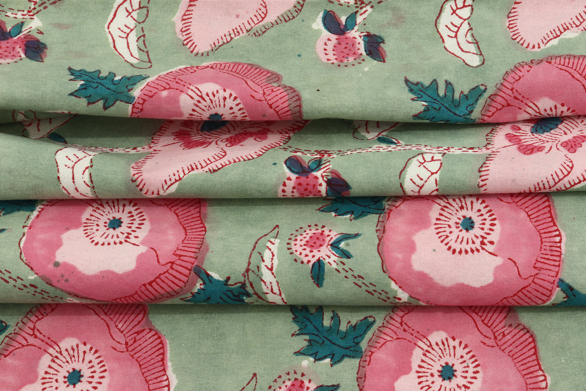 Mughal Floral Print Cotton Fabric: Hand-Stamped Indian Fabric