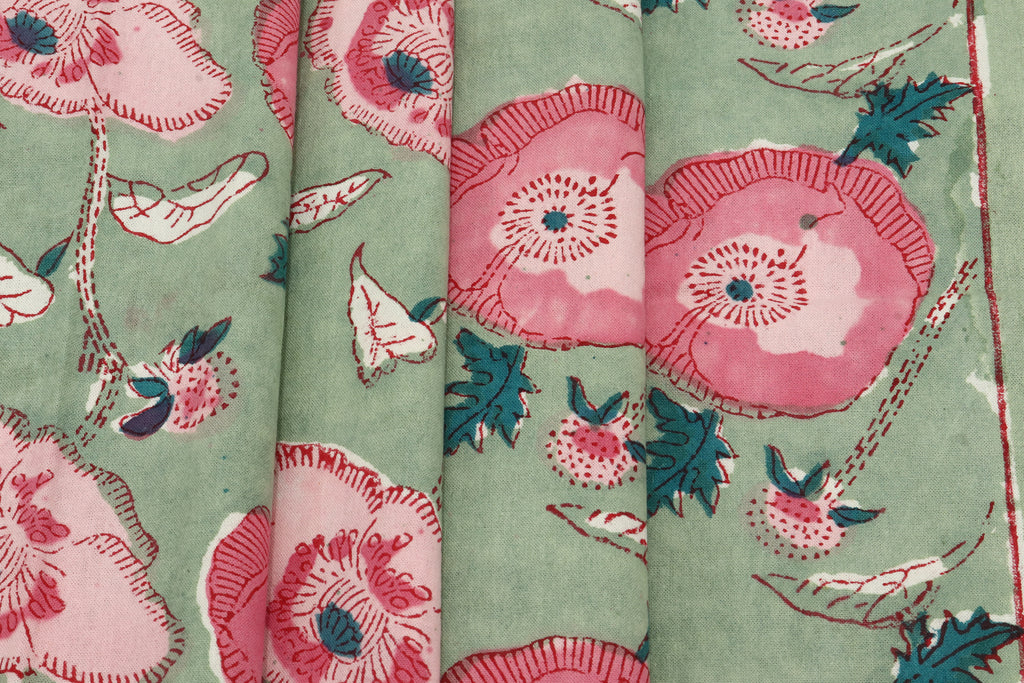 Mughal Floral Print Cotton Fabric: Hand-Stamped Indian Fabric