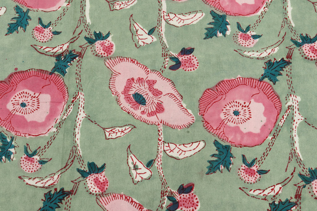 Mughal Floral Print Cotton Fabric: Hand-Stamped Indian Fabric