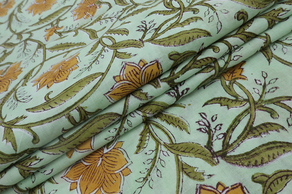 Yellow & Green Floral Block Print Fabric: 100% Linen or Cotton by the Yard