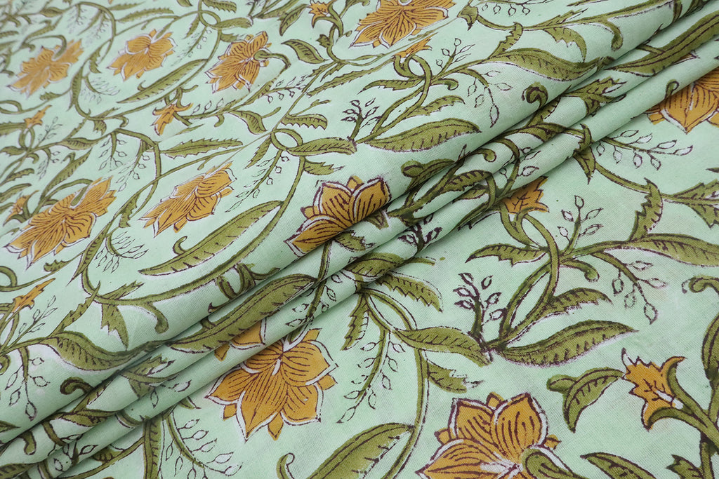 Yellow & Green Floral Block Print Fabric: 100% Linen or Cotton by the Yard