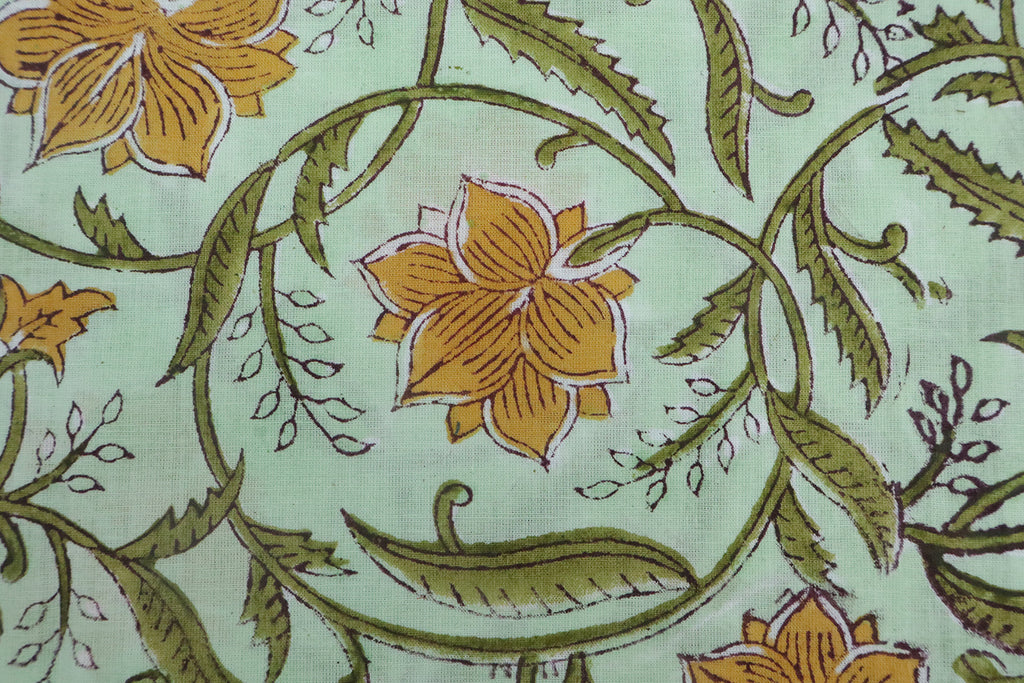 Yellow & Green Floral Block Print Fabric: 100% Linen or Cotton by the Yard