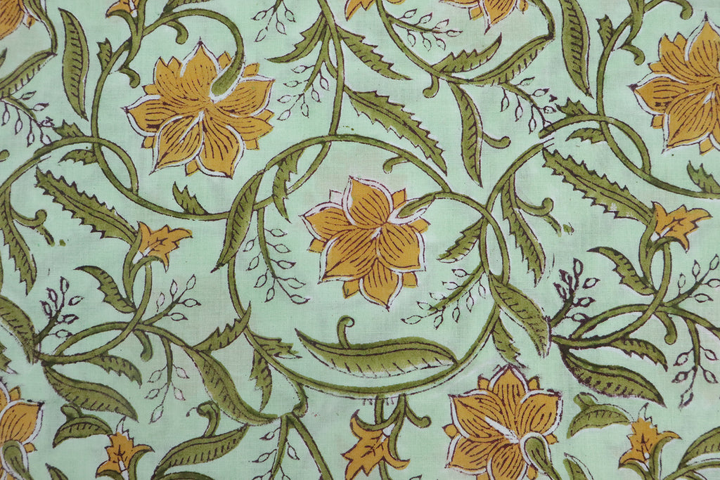 Yellow & Green Floral Block Print Fabric: 100% Linen or Cotton by the Yard