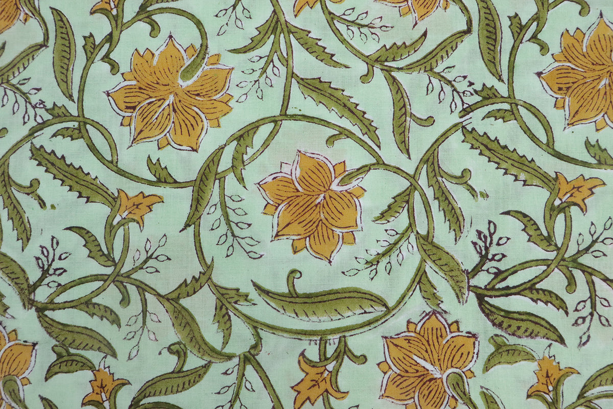 Yellow & Green Floral Block Print Fabric: 100% Linen or Cotton by the Yard