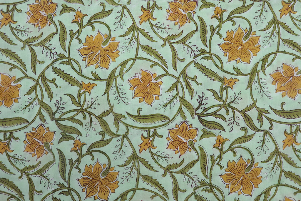 Yellow & Green Floral Block Print Fabric: 100% Linen or Cotton by the Yard