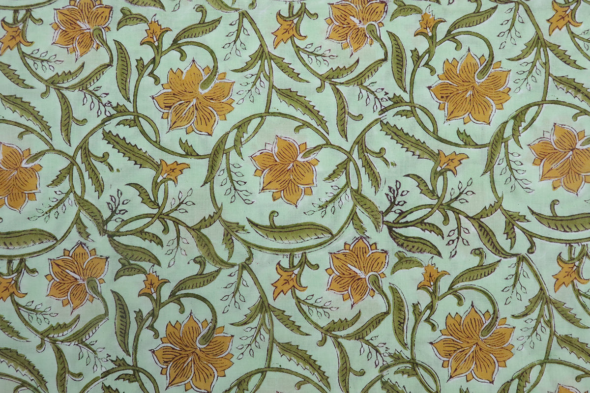 Yellow & Green Floral Block Print Fabric: 100% Linen or Cotton by the Yard