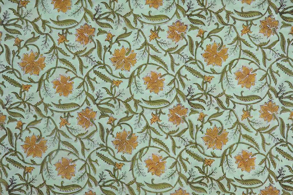 Yellow & Green Floral Block Print Fabric: 100% Linen or Cotton by the Yard