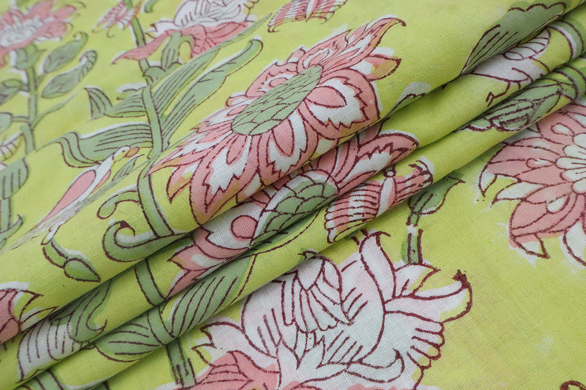 Mughal Floral Block Print Fabric: Green & Pink Linen Cotton Blend
