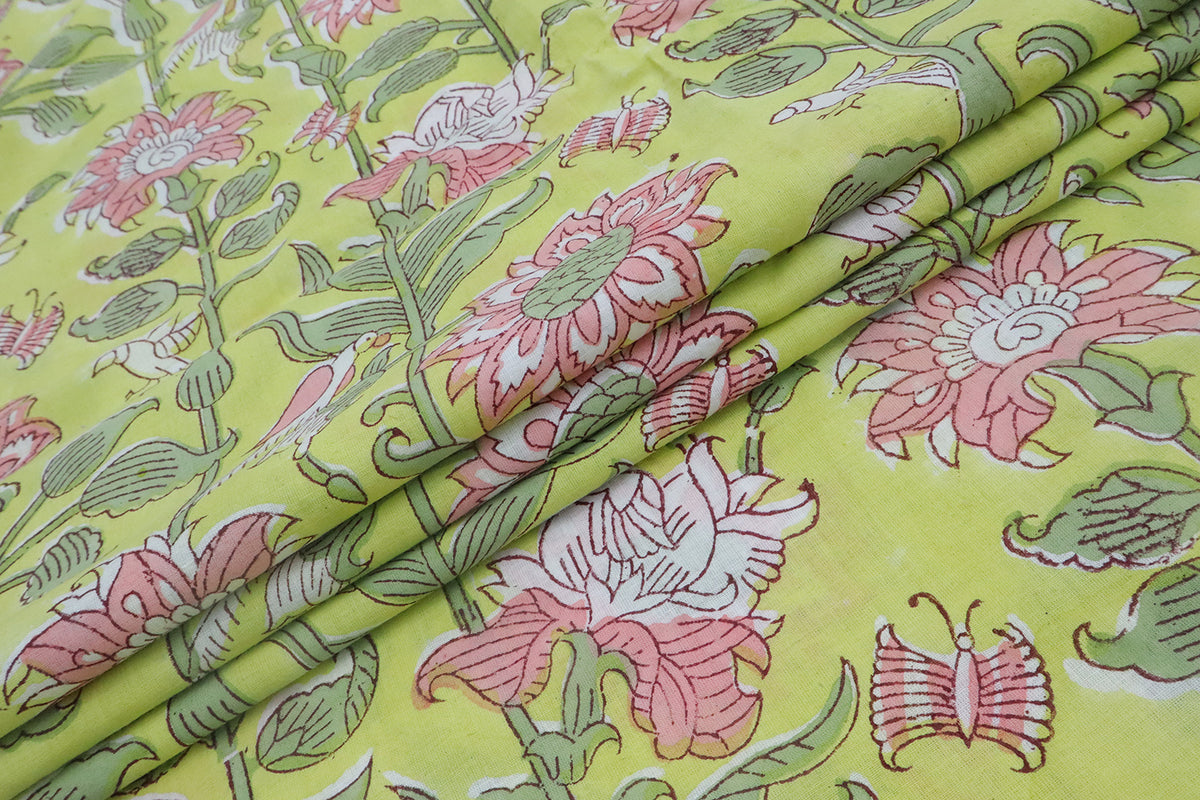 Mughal Floral Block Print Fabric: Green & Pink Linen Cotton Blend