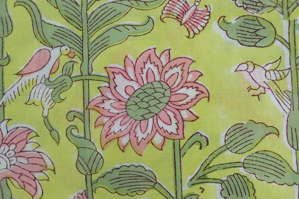 Mughal Floral Block Print Fabric: Green & Pink Linen Cotton Blend