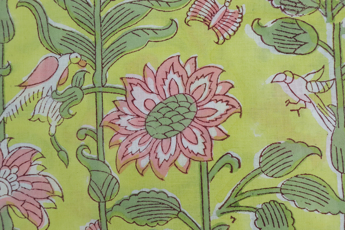 Mughal Floral Block Print Fabric: Green & Pink Linen Cotton Blend