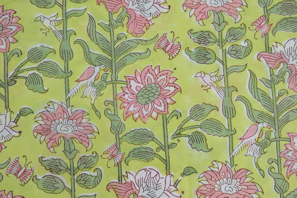 Mughal Floral Block Print Fabric: Green & Pink Linen Cotton Blend