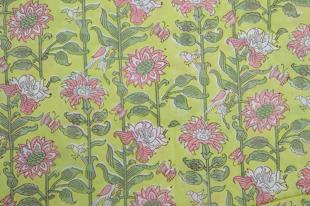Mughal Floral Block Print Fabric: Green & Pink Linen Cotton Blend