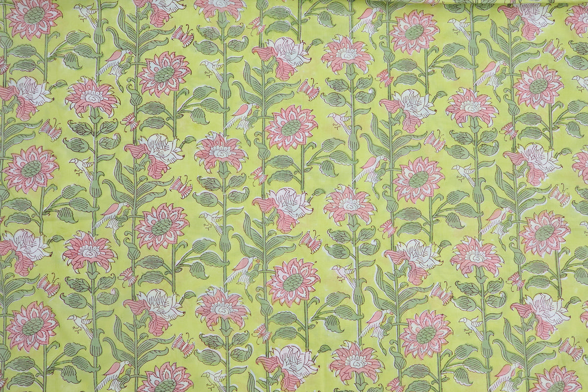 Mughal Floral Block Print Fabric: Green & Pink Linen Cotton Blend