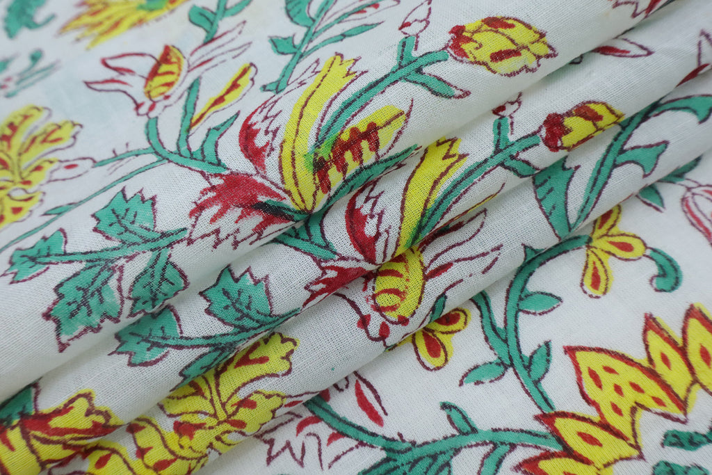 Mughal Floral Block Print Fabric: Yellow, White & Green Linen or Cotton