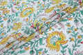 Mughal Floral Block Print Fabric: Yellow, White & Green Linen or Cotton