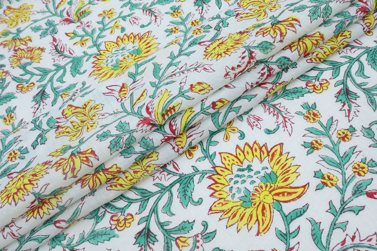 Mughal Floral Block Print Fabric: Yellow, White & Green Linen or Cotton