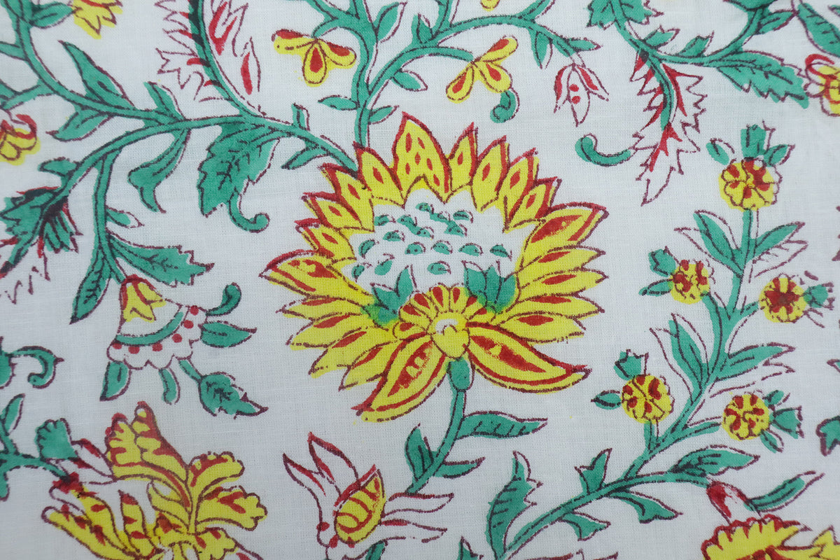 Mughal Floral Block Print Fabric: Yellow, White & Green Linen or Cotton