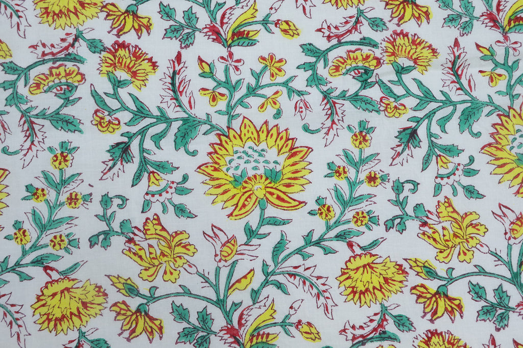 Mughal Floral Block Print Fabric: Yellow, White & Green Linen or Cotton