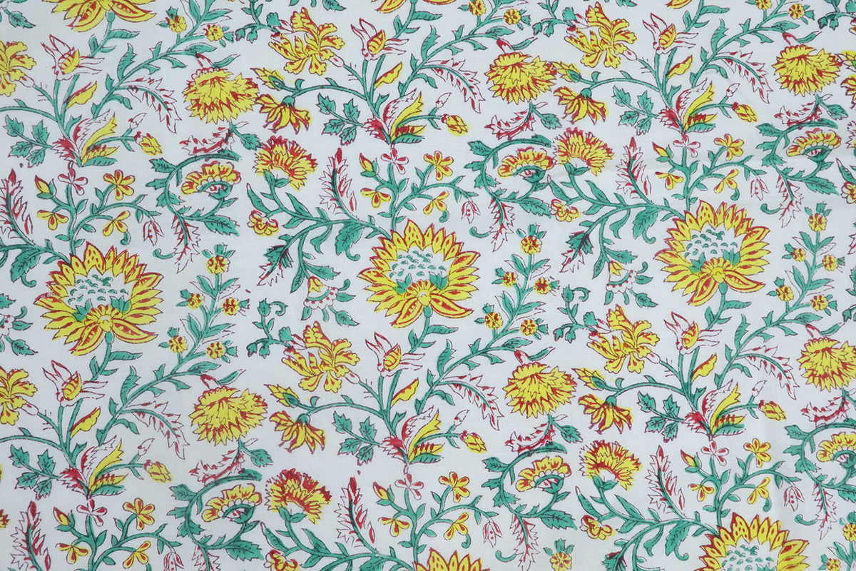 Mughal Floral Block Print Fabric: Yellow, White & Green Linen or Cotton
