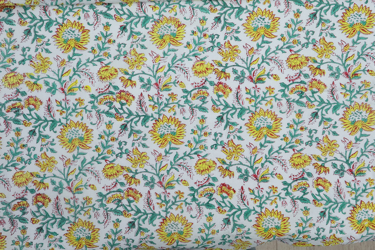 Mughal Floral Block Print Fabric: Yellow, White & Green Linen or Cotton