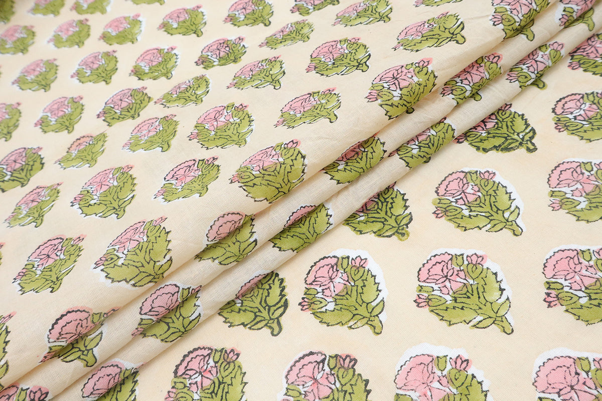Mughal Floral Block Print Fabric: Purple, Green, Linen & Cotton