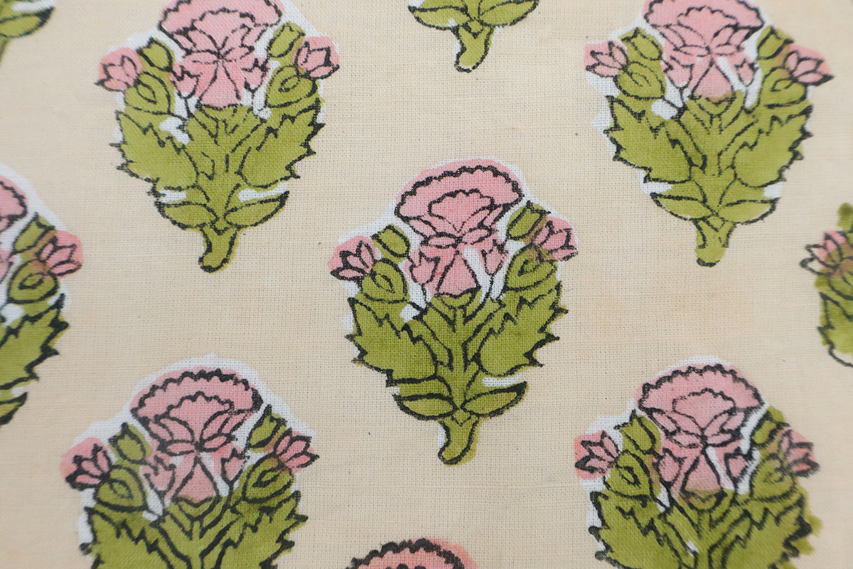 Mughal Floral Block Print Fabric: Purple, Green, Linen & Cotton