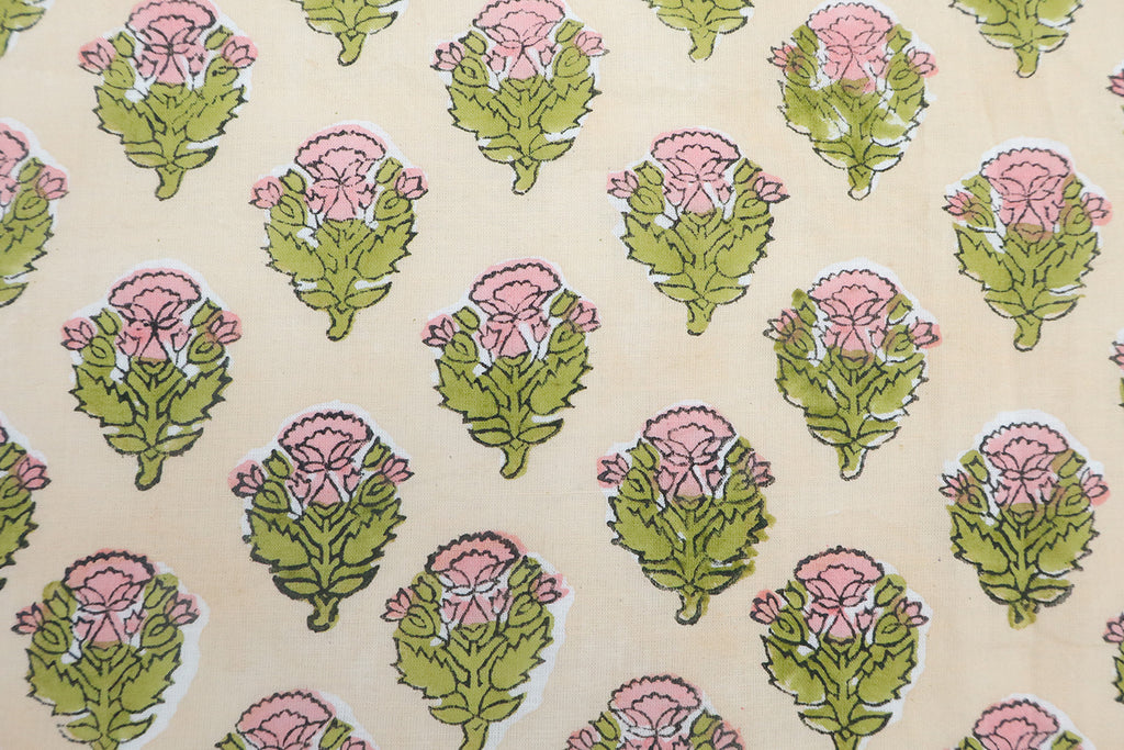 Mughal Floral Block Print Fabric: Purple, Green, Linen & Cotton
