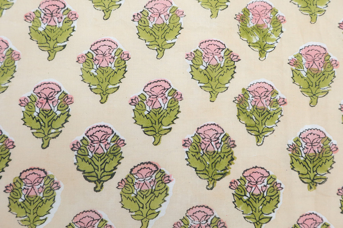 Mughal Floral Block Print Fabric: Purple, Green, Linen & Cotton