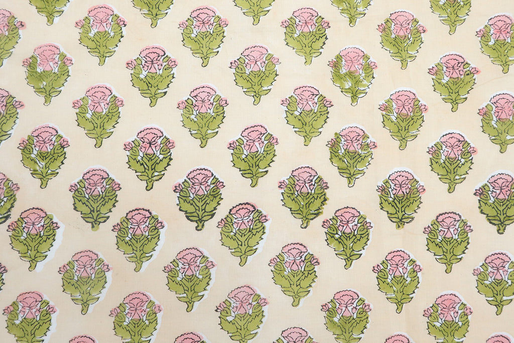 Mughal Floral Block Print Fabric: Purple, Green, Linen & Cotton