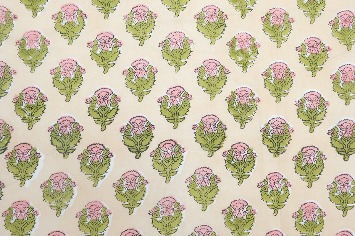 Mughal Floral Block Print Fabric: Purple, Green, Linen & Cotton