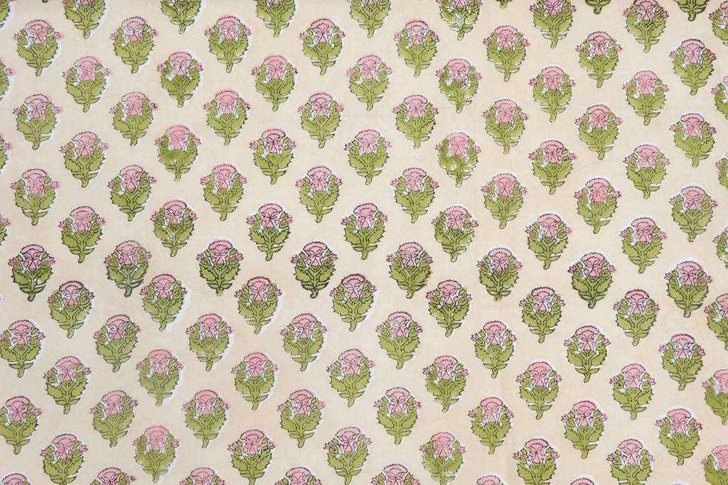 Mughal Floral Block Print Fabric: Purple, Green, Linen & Cotton