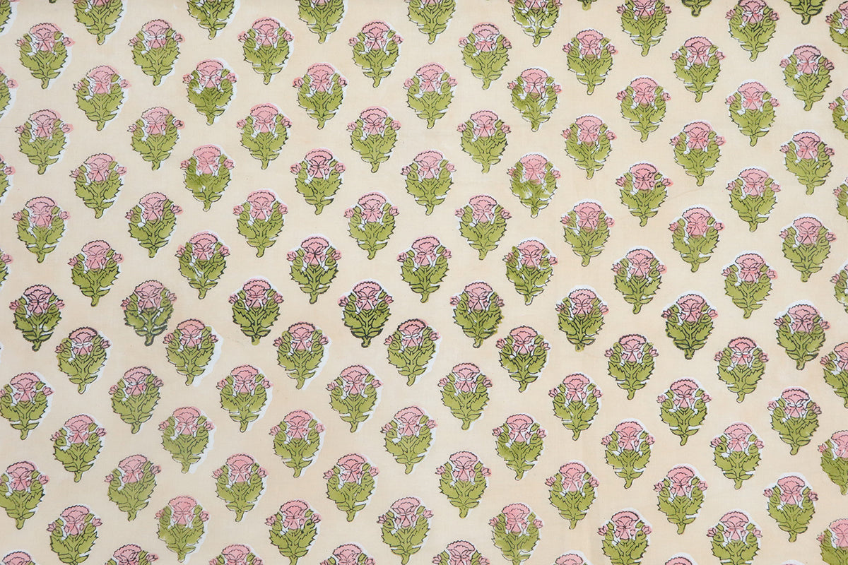 Mughal Floral Block Print Fabric: Purple, Green, Linen & Cotton