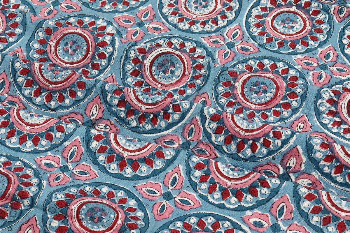Mughal Print Cotton Fabric By The Yard: Hand Block Indian Fabric