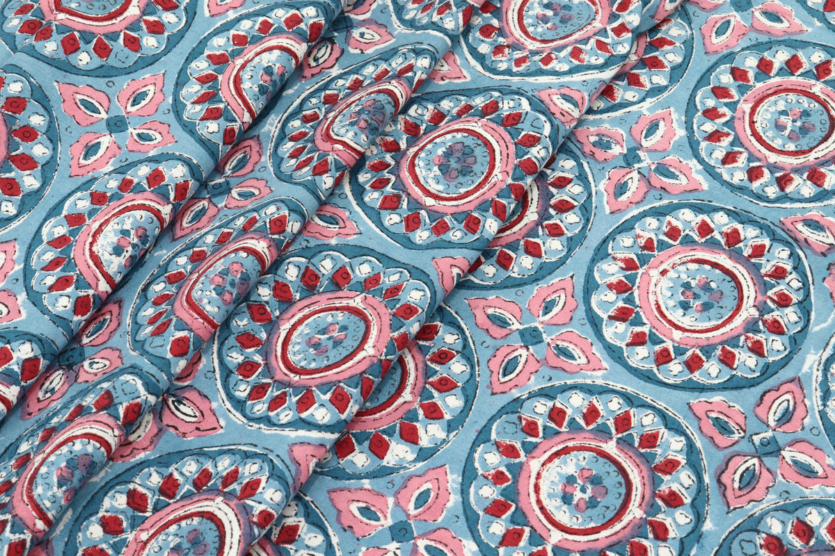Mughal Print Cotton Fabric By The Yard: Hand Block Indian Fabric