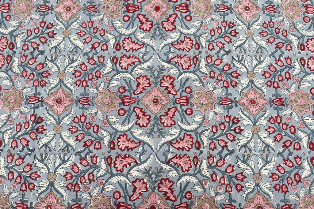 Indian Cotton Fabric: Mughal Floral Block Print, Soft Cambric Cotton