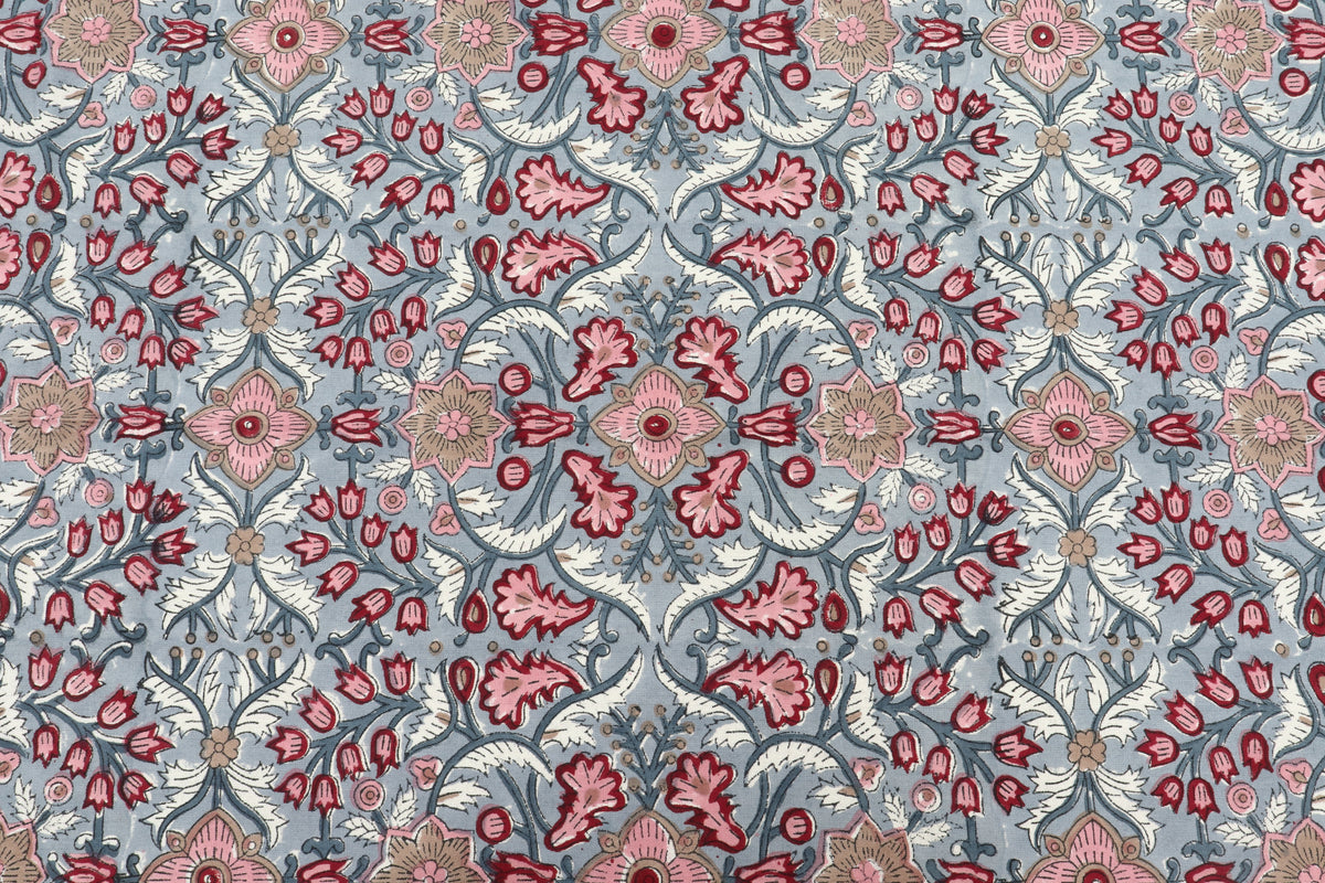 Indian Cotton Fabric: Mughal Floral Block Print, Soft Cambric Cotton