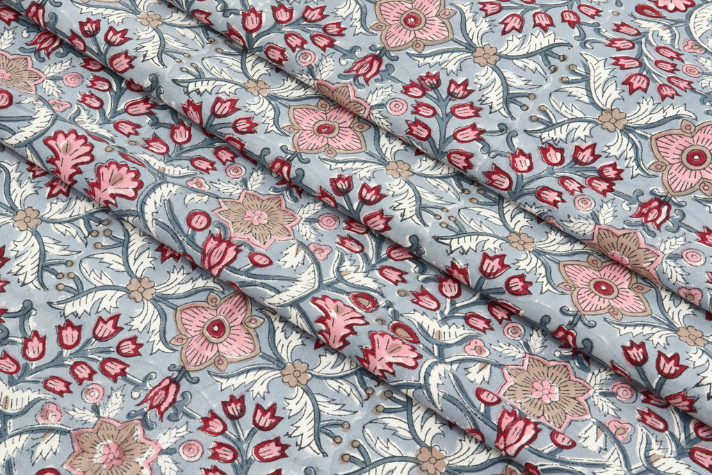 Indian Cotton Fabric: Mughal Floral Block Print, Soft Cambric Cotton