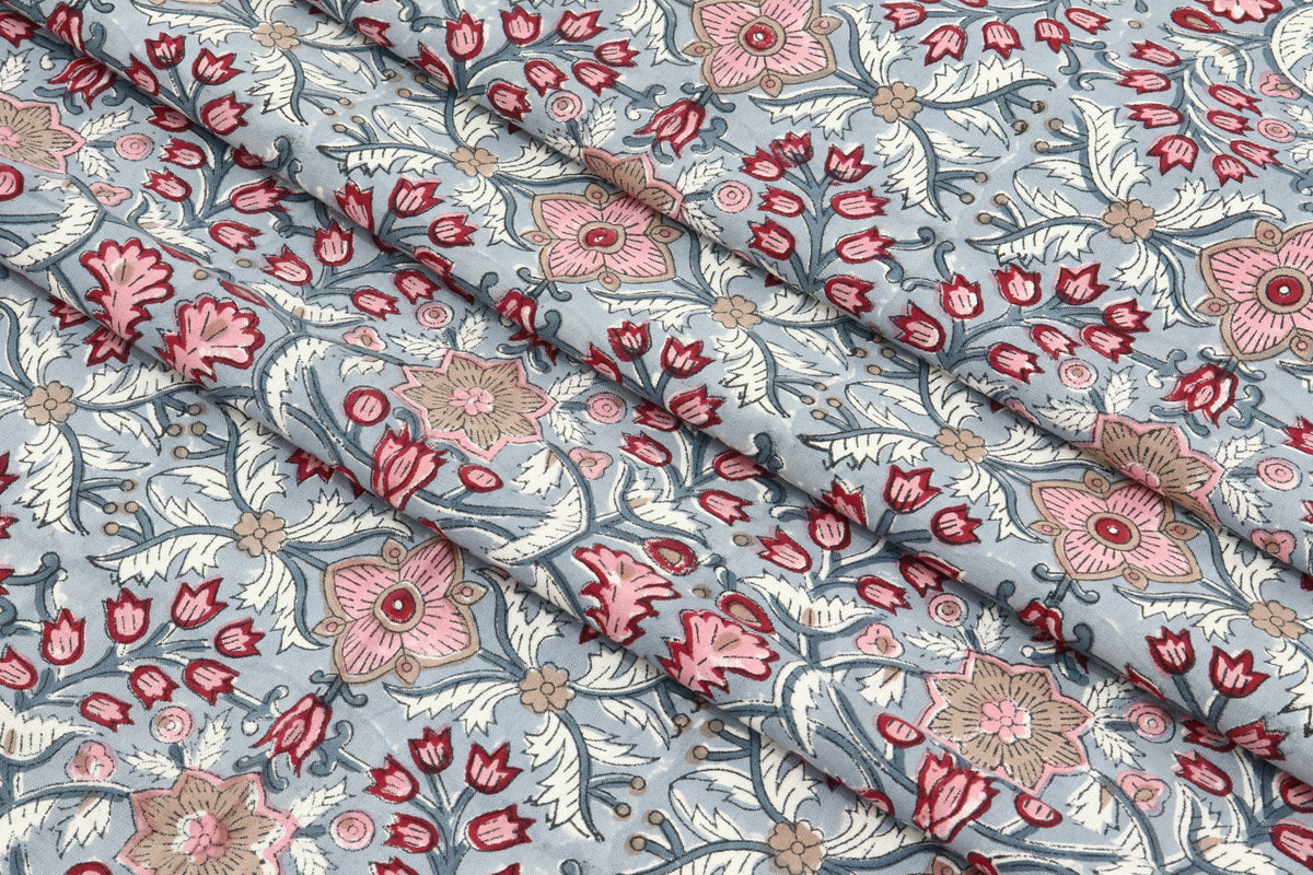 Indian Cotton Fabric: Mughal Floral Block Print, Soft Cambric Cotton