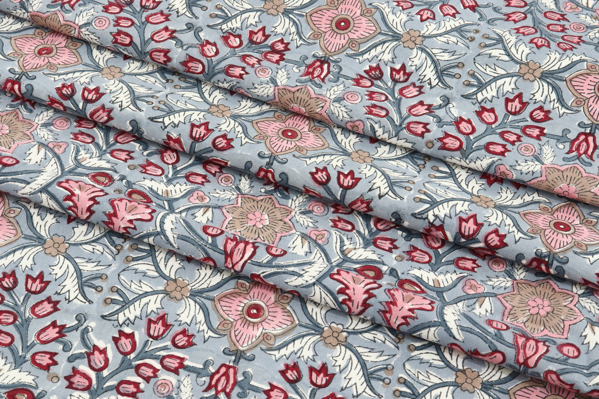 Indian Cotton Fabric: Mughal Floral Block Print, Soft Cambric Cotton