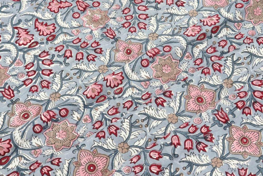 Indian Cotton Fabric: Mughal Floral Block Print, Soft Cambric Cotton