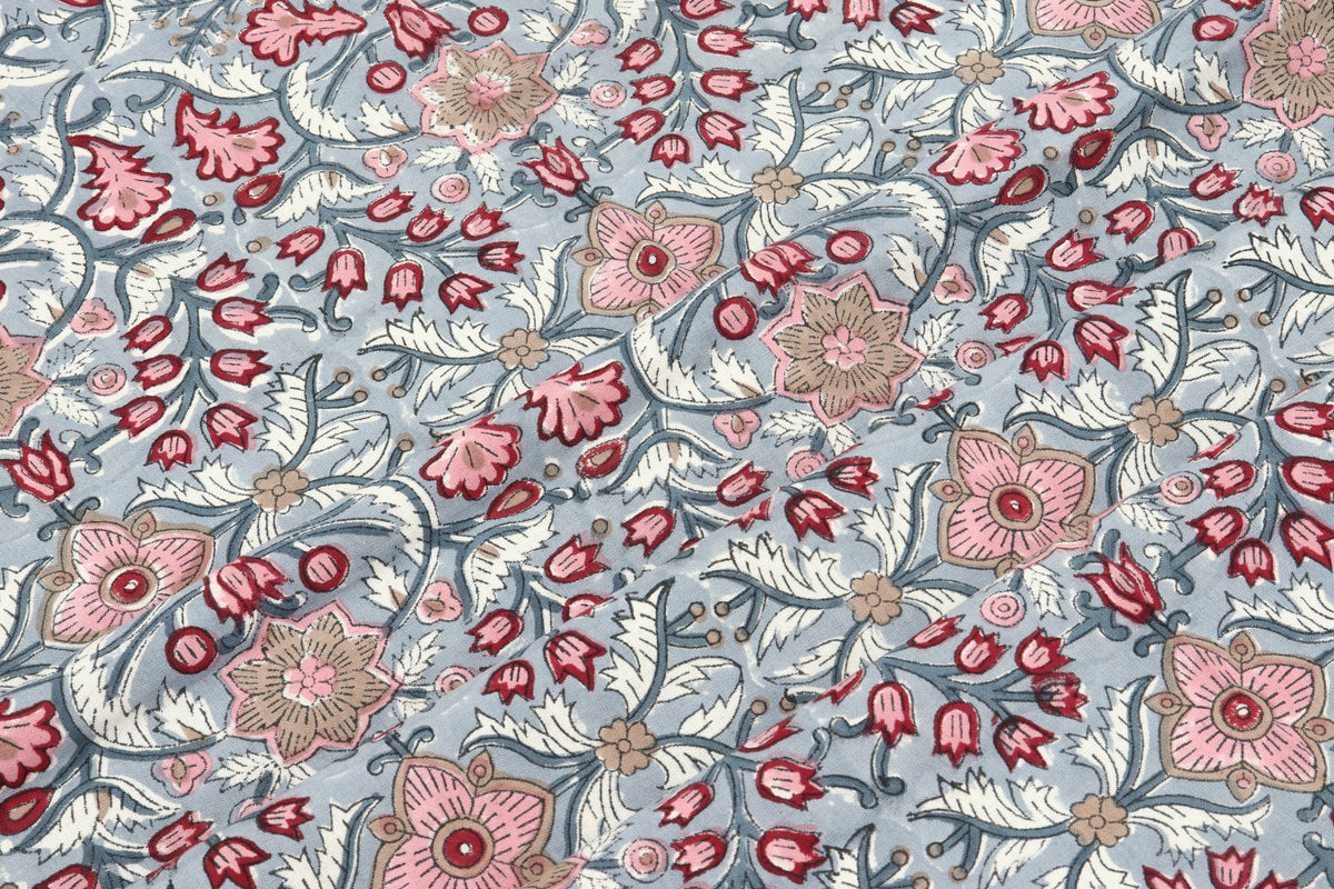 Indian Cotton Fabric: Mughal Floral Block Print, Soft Cambric Cotton