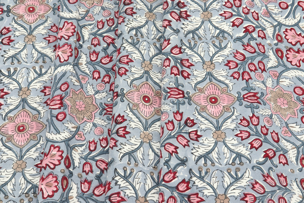 Indian Cotton Fabric: Mughal Floral Block Print, Soft Cambric Cotton