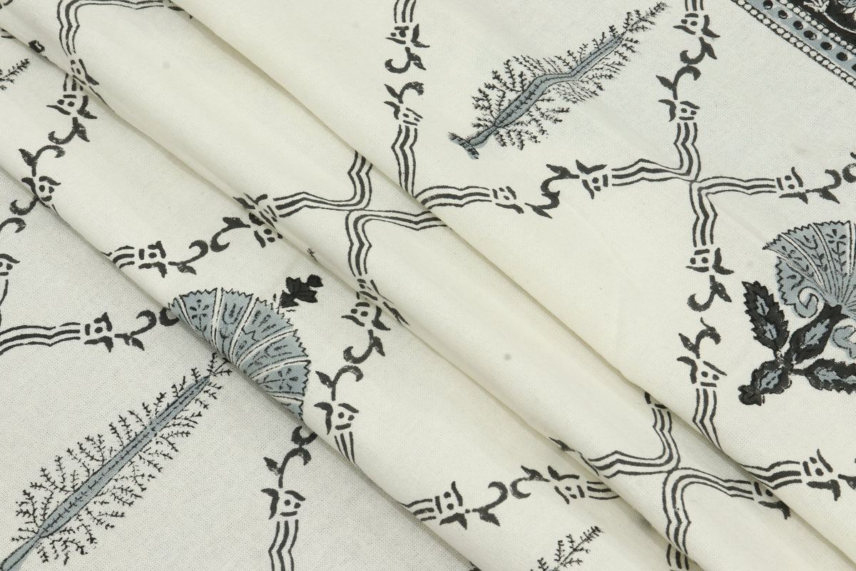 Mughal Print Cotton Fabric: Indian Hand Block Print, 1 Yard