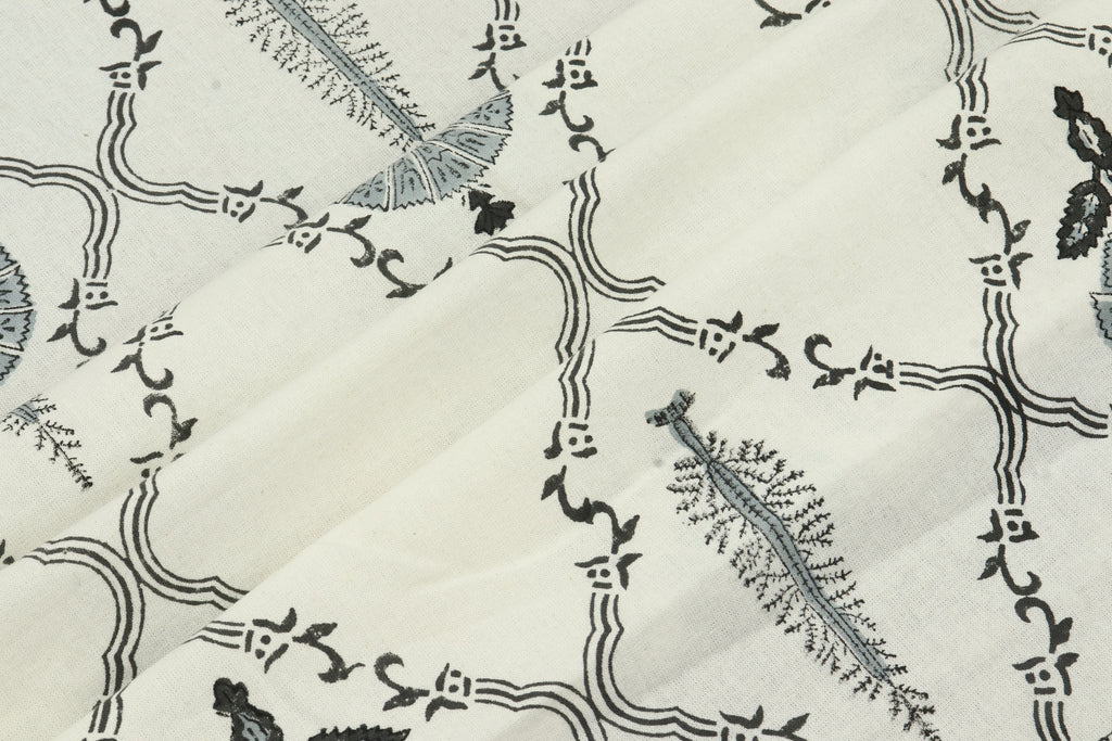 Mughal Print Cotton Fabric: Indian Hand Block Print, 1 Yard
