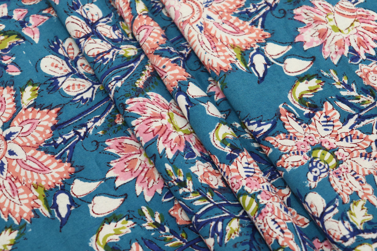 Blue and Pink colour Pure cotton Indian block print fabric by the yard, Fabric sample, Indian wood block, Fabric by the meter