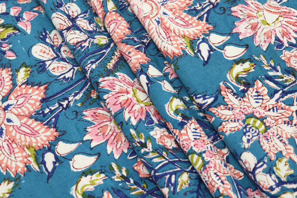 Blue and Pink colour Pure cotton Indian block print fabric by the yard, Fabric sample, Indian wood block, Fabric by the meter