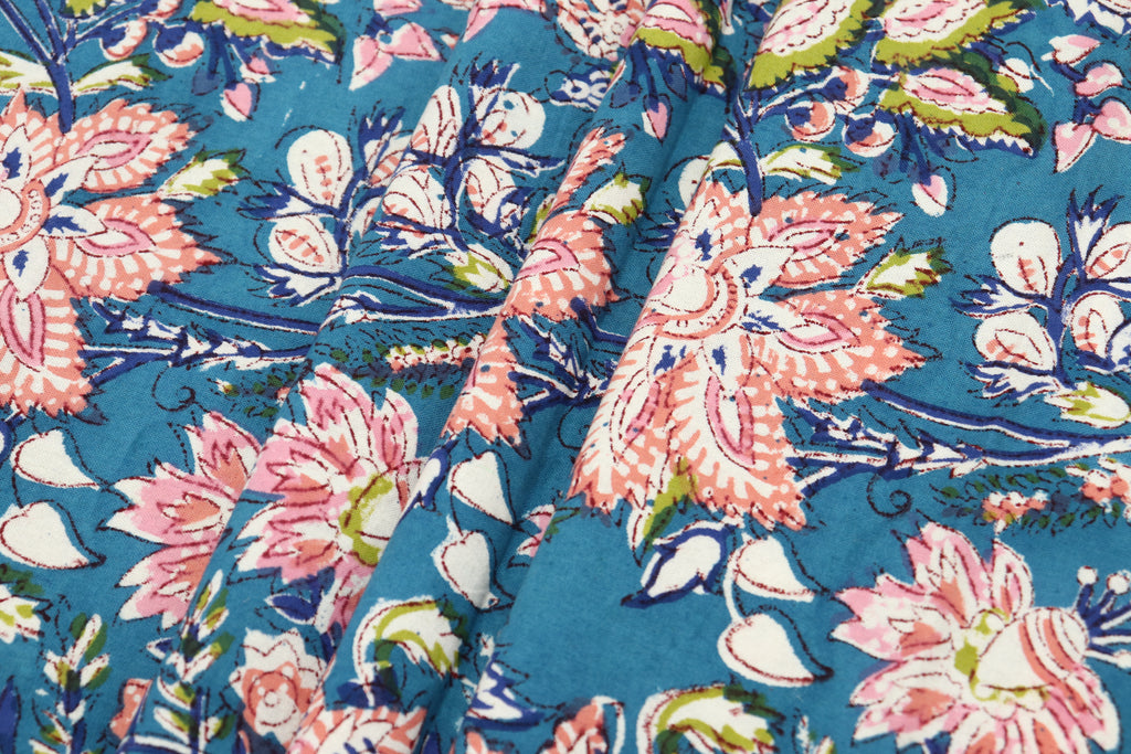 Blue and Pink colour Pure cotton Indian block print fabric by the yard, Fabric sample, Indian wood block, Fabric by the meter