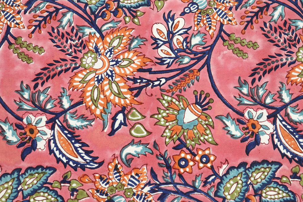 Pink Floral Cotton Fabric: Indian Wood Block Print, Soft Cloth